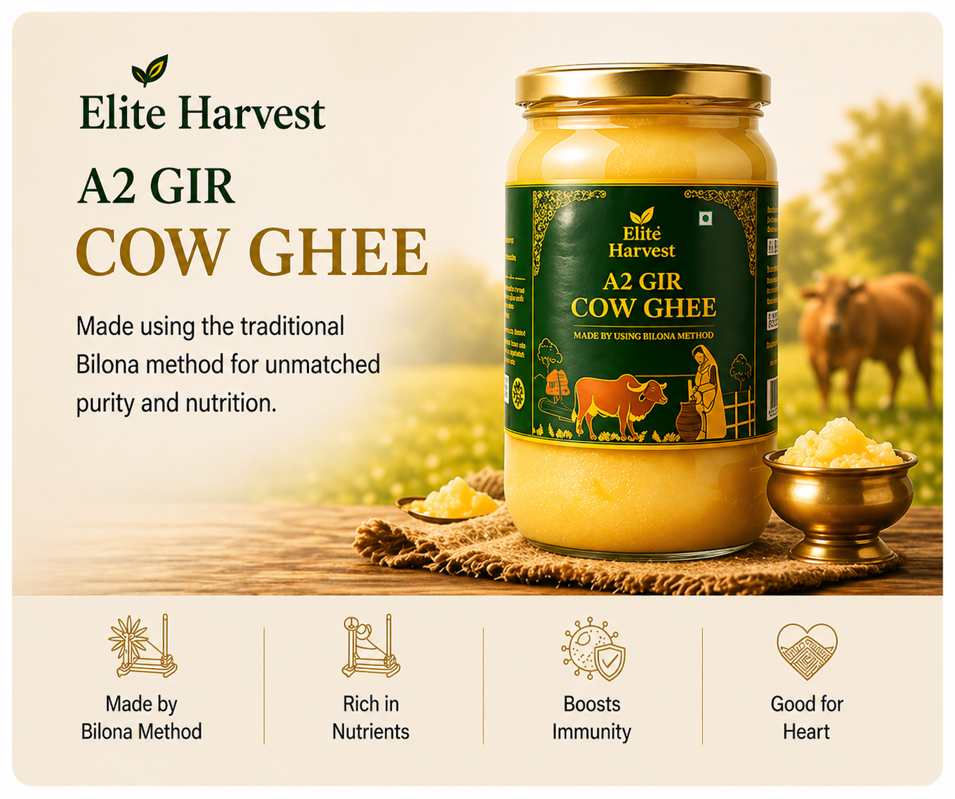 Elite Harvest A2 Gir Cow Desi Ghee — Bilona Method